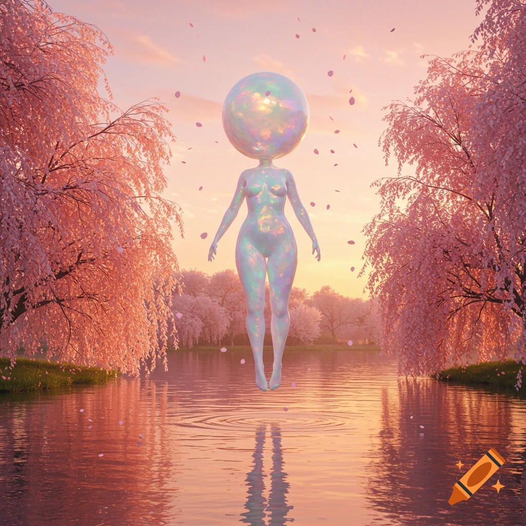 An iridescent, spherical-headed figure floats over a tranquil lake, surrounded by vibrant pink cherry blossom trees at sunset.