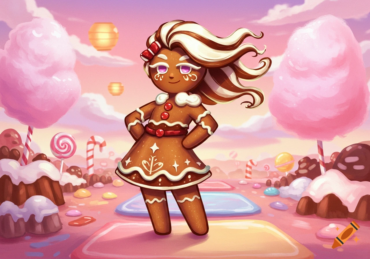 A cheerful gingerbread cookie character with white and brown hair stands confidently in a colorful candy land with pink cotton candy trees and lollipops.