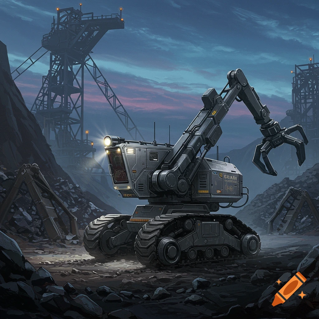 A futuristic grey mining robot with a claw arm and tracks, headlight on, in a dark, rocky mine with industrial structures at twilight.
