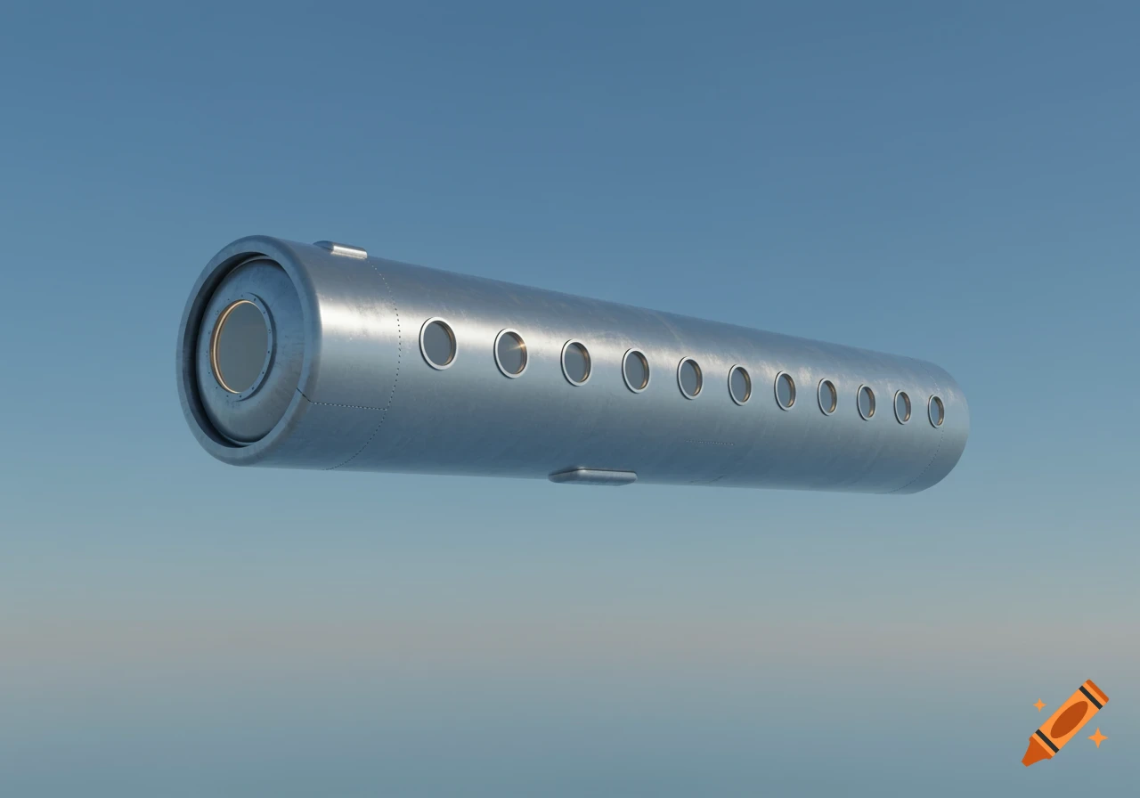 A shiny metallic cylinder with a long row of portholes floats under a clear blue sky.