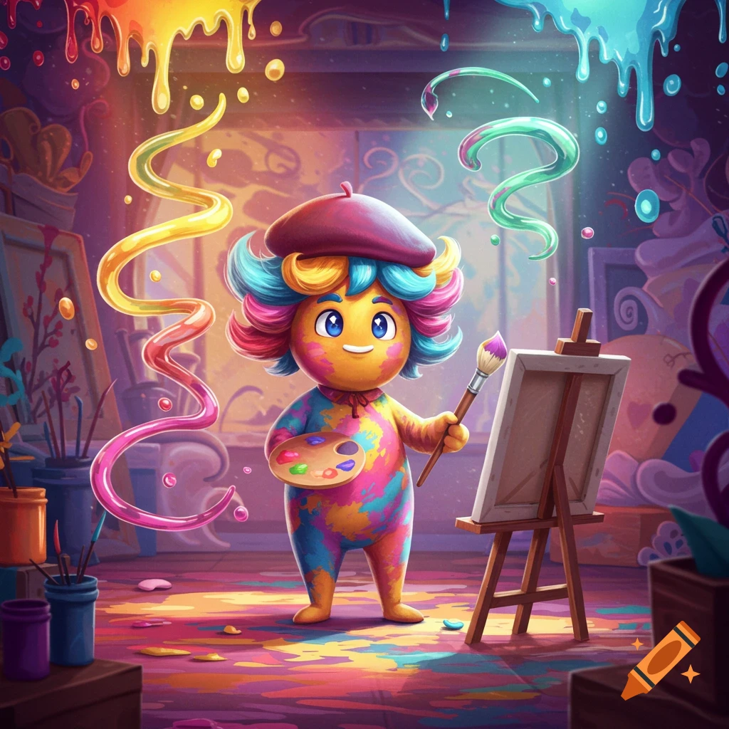 A vibrant, cartoonish artist character with rainbow hair holds a palette and brush in a colorful, paint-splattered studio.
