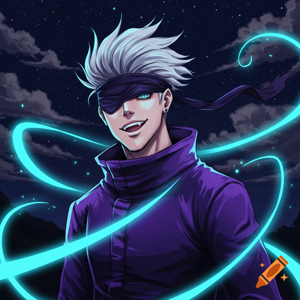 A male anime character with white spiky hair, a blindfold, and a purple jacket smiles with sharp teeth amidst blue energy against a starry sky.