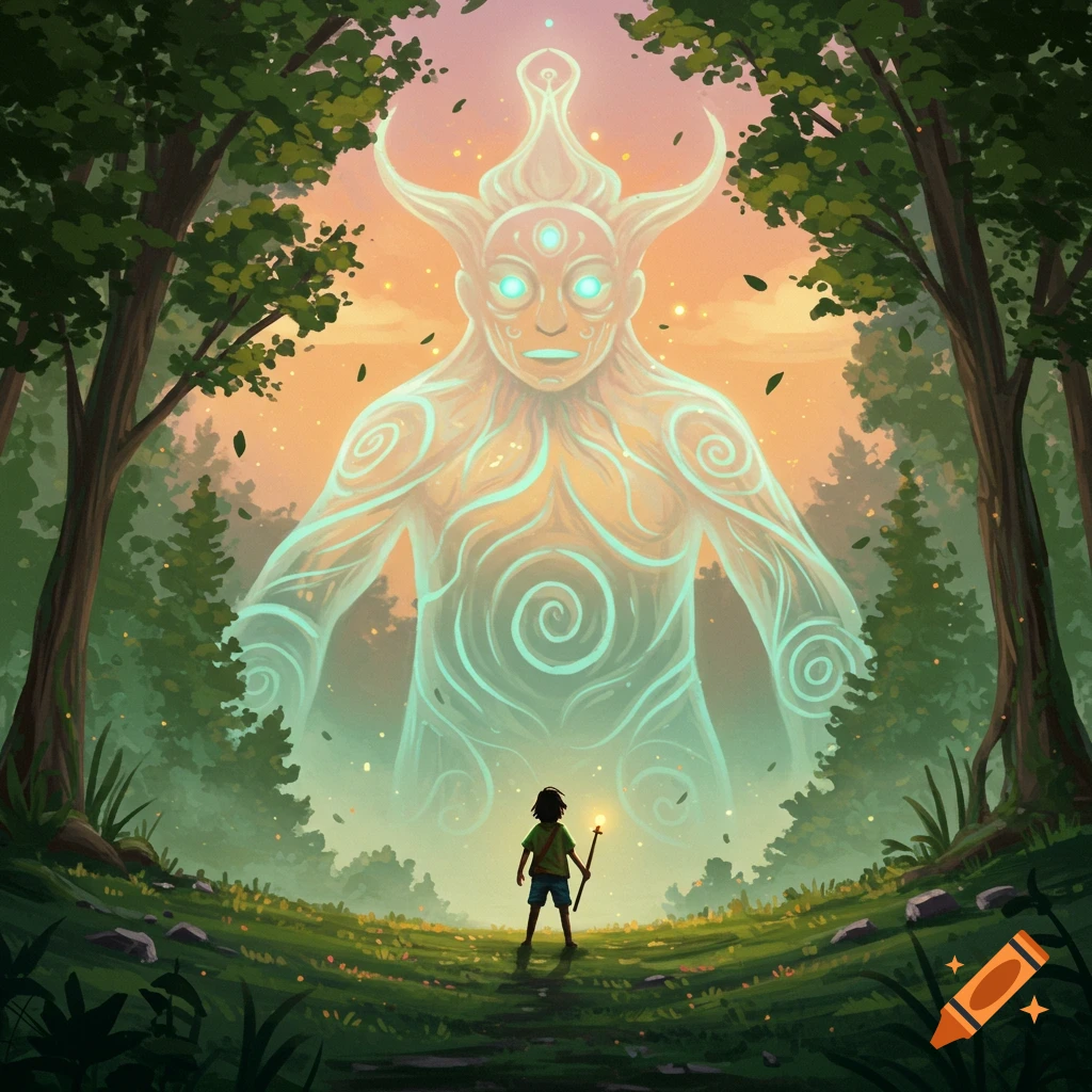 A small child with a glowing staff stands in a forest clearing, looking up at a giant, glowing, ethereal spirit guardian.