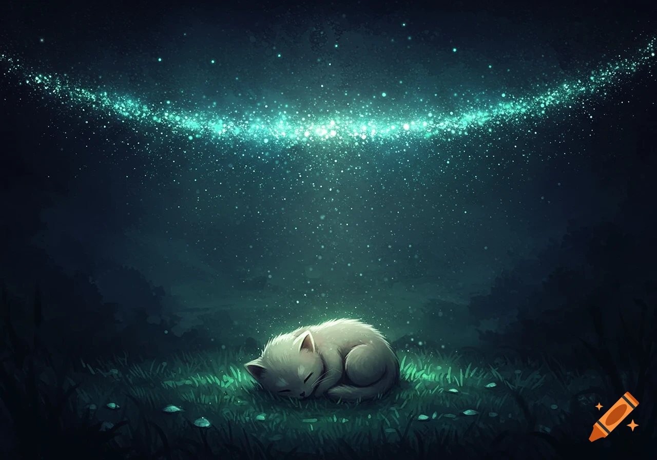 A whimsical image of a small white cat sleeping curled on green grass under a glowing arch of turquoise stars in a dark night sky.