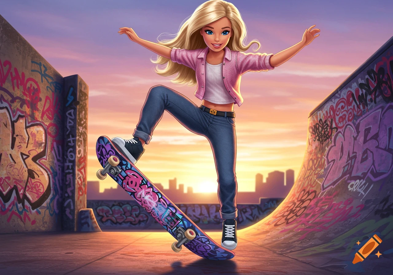 A stylized illustration of a Barbie doll balancing on a skateboard in a graffiti-covered skatepark at sunset.