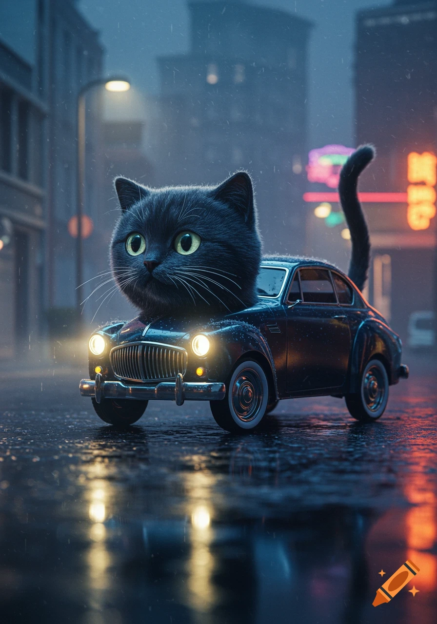A fluffy black cat with big green eyes drives a vintage car down a wet, rainy city street at night, with neon lights in the background.