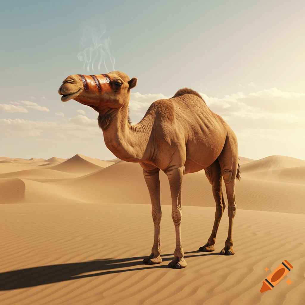A camel with a head that appears grilled with smoke rising from it, standing in a vast, sandy desert under a clear sky.