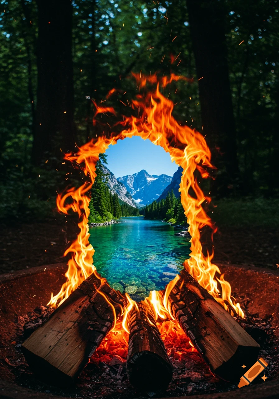 Photorealistic image of a vibrant lake and snow-capped mountains seen through the flames of a campfire in a dark forest.