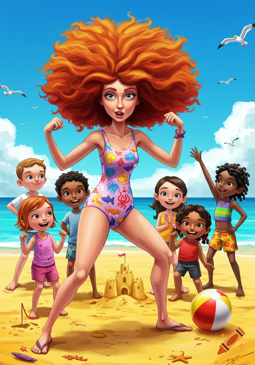 A vibrant cartoon illustration of Miss Frizzle flexing her muscles on a sunny beach, surrounded by her smiling students. A sandcastle and seagulls are in the background.