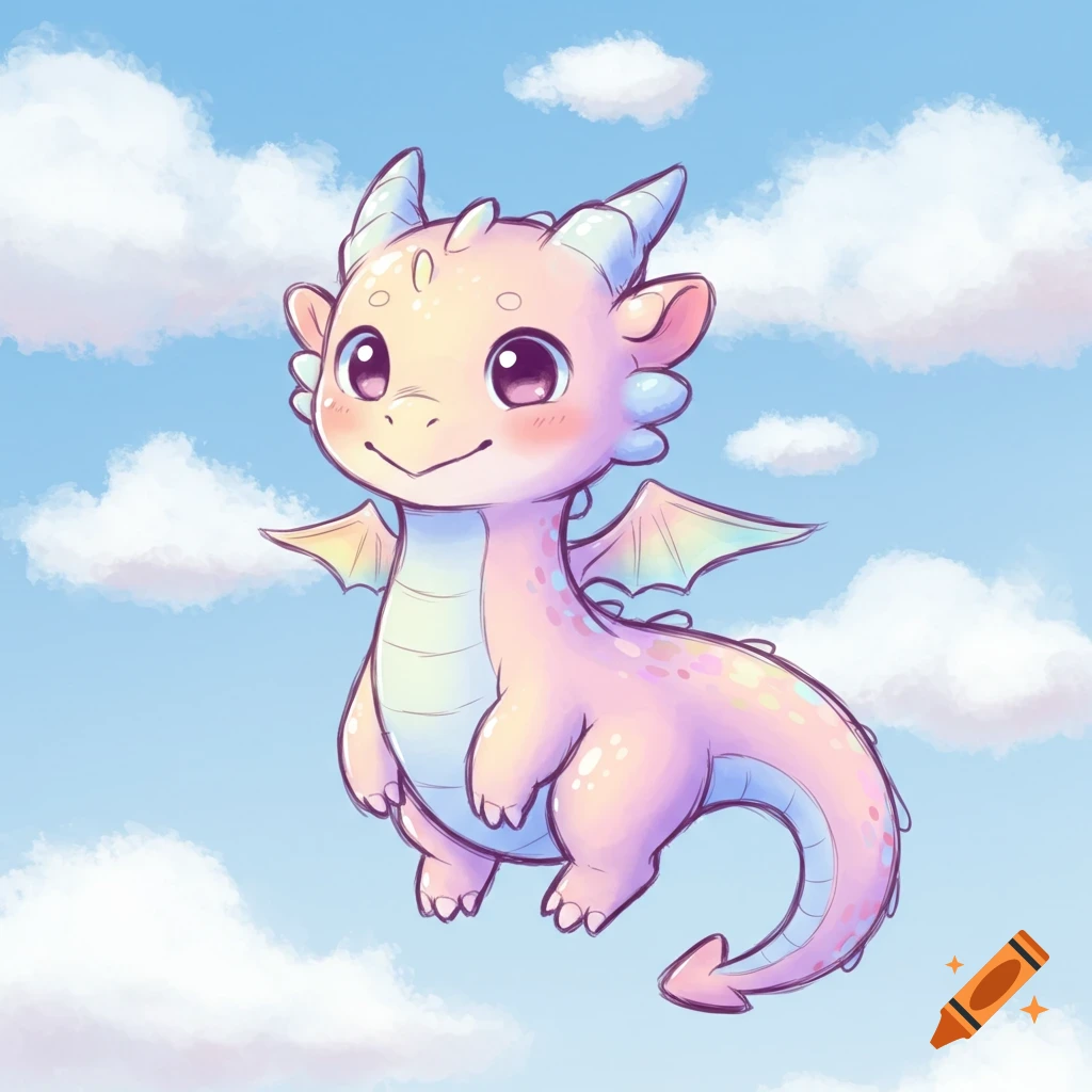 A cute, pastel-colored cartoon dragon with big eyes and small wings smiles as it floats in a blue sky with fluffy white clouds.