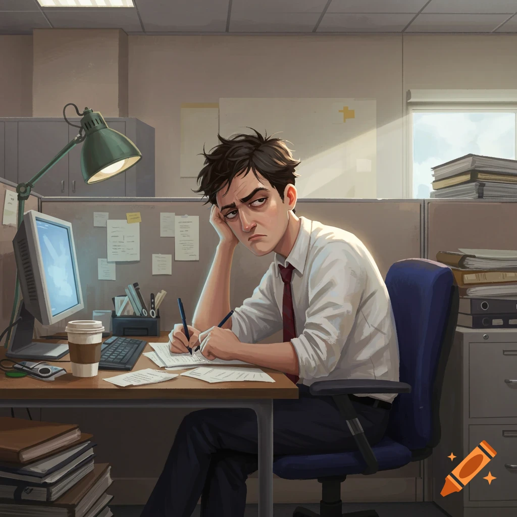 A tired, disheveled male office worker in a cubicle writes at his desk with a coffee cup nearby, in a cartoon style.