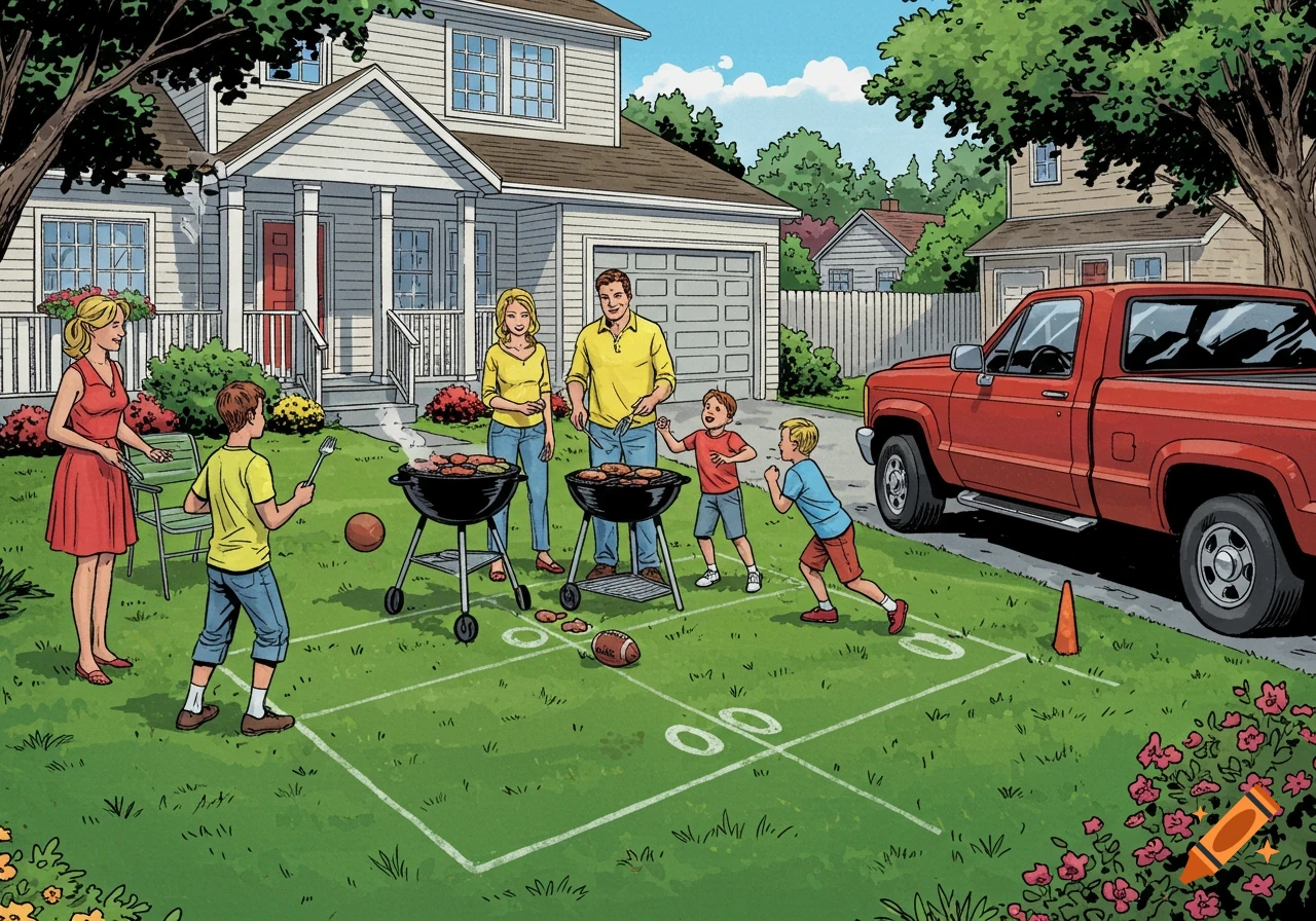A family enjoys a backyard barbecue and plays football in a comic book style illustration of a suburban house.