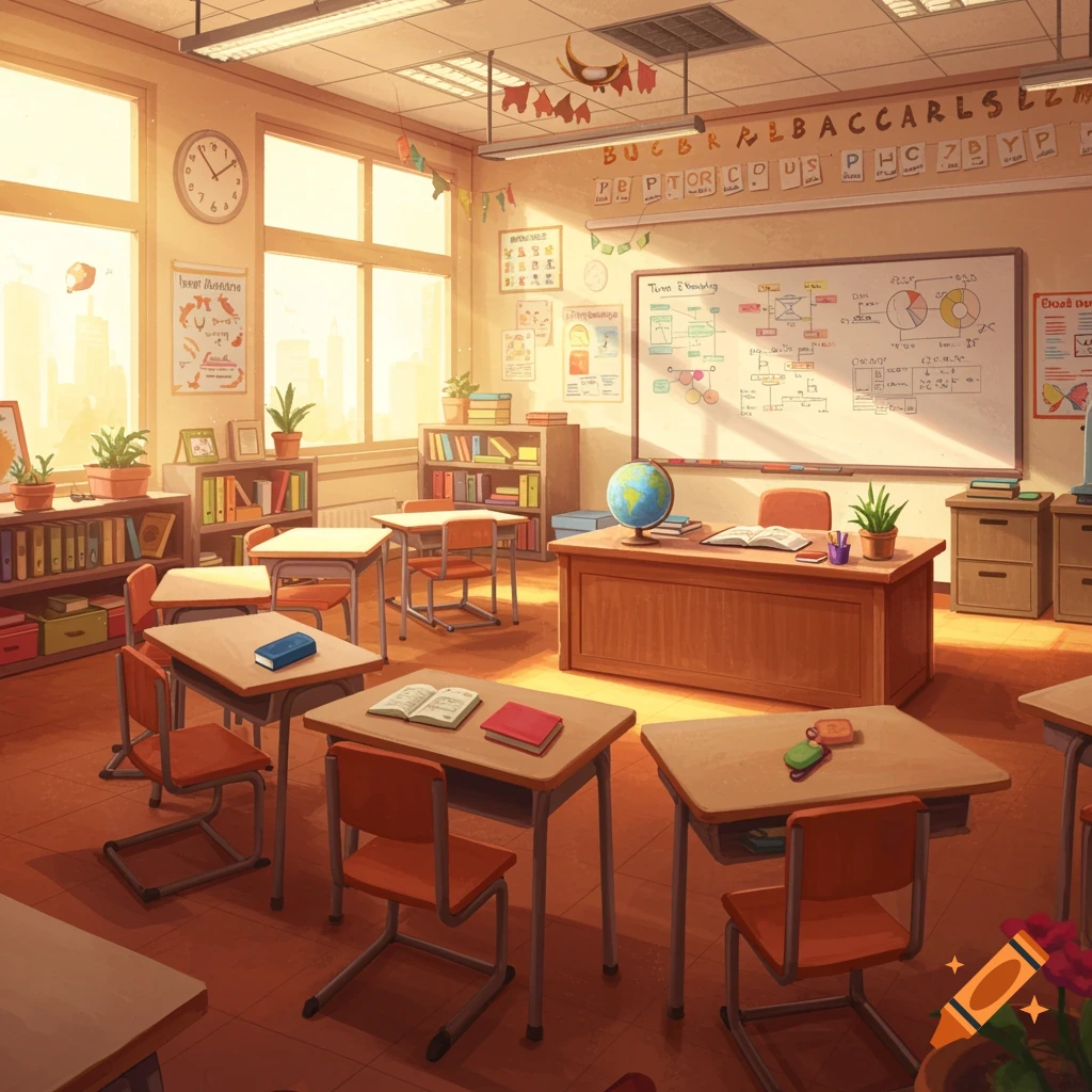 A warm, empty classroom with desks, chairs, a whiteboard, bookshelves, and large windows.