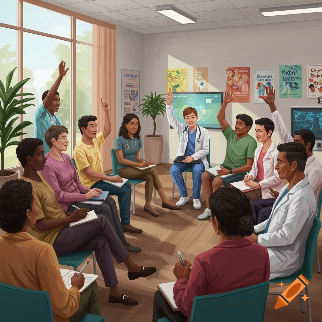 A diverse group of adults, including some in medical attire, participate in a healthcare education class, with several raising their hands.