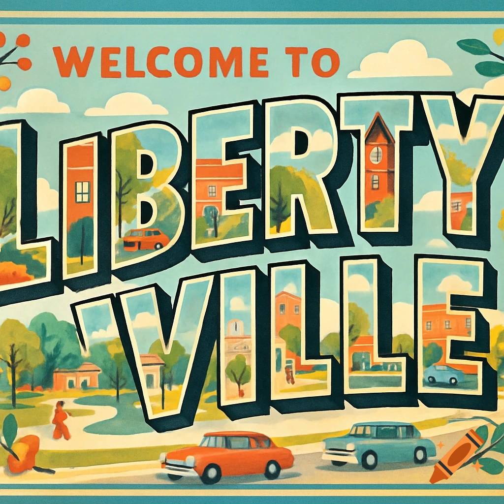 A vintage postcard illustration reading 'WELCOME TO LIBERTYVILLE' with cartoon buildings, cars, and trees inside large block letters.