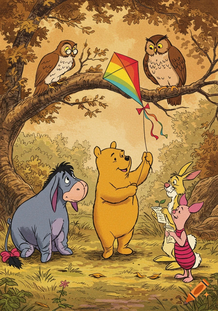 Classic Winnie the Pooh illustration featuring Pooh flying a kite, with Eeyore, Rabbit, Piglet, and two owls watching in a forest.
