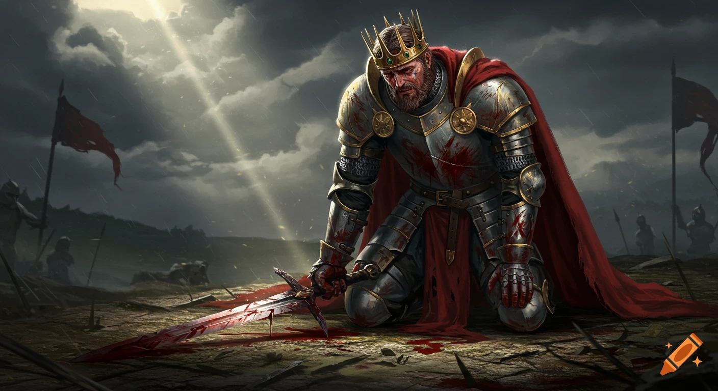 A wounded king in bloodied armor kneels on a battle-scarred, blood-soaked field, holding a sword under a dramatic stormy sky.