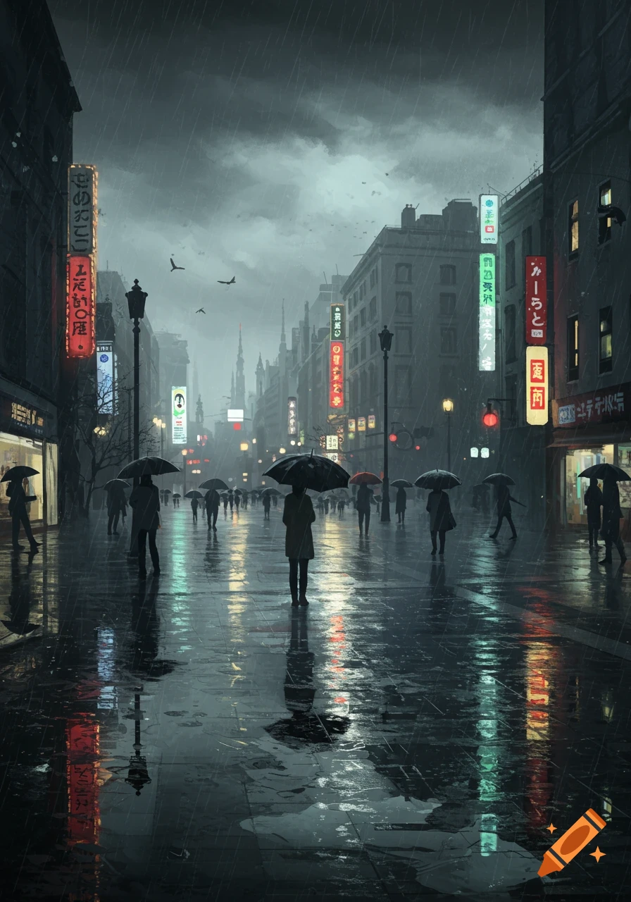 A moody, dark street scene in a rainy city, with people holding umbrellas and vibrant neon signs reflecting on the wet pavement.