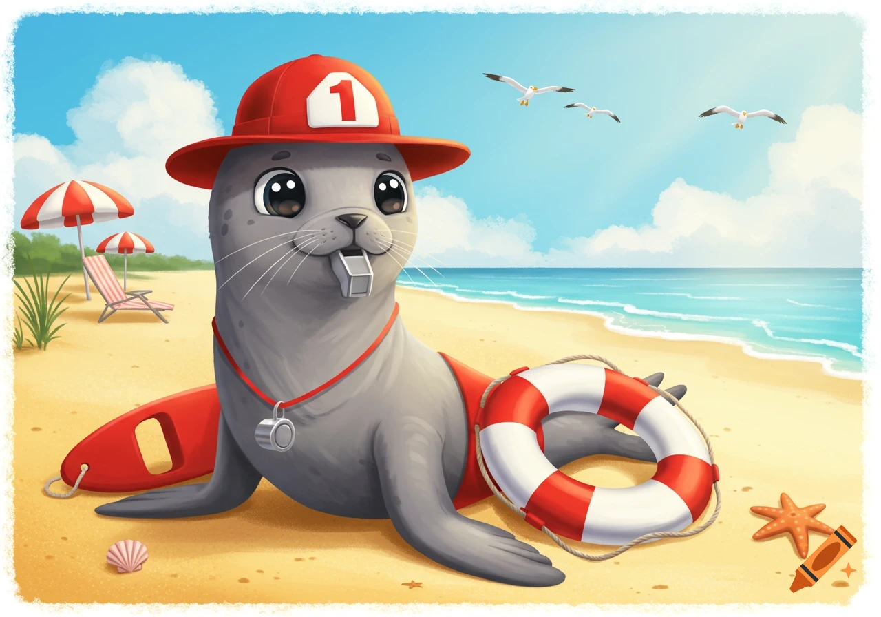 A cute cartoon seal in a red lifeguard hat, whistle, and speedo, sitting on a sandy beach with a lifebuoy and rescue can, ocean in the background.
