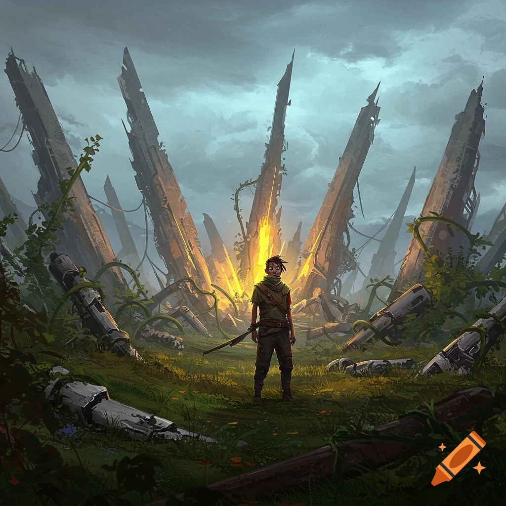 A lone figure stands in a desolate landscape surrounded by glowing, broken spires, overgrown with vines. Digital art style.