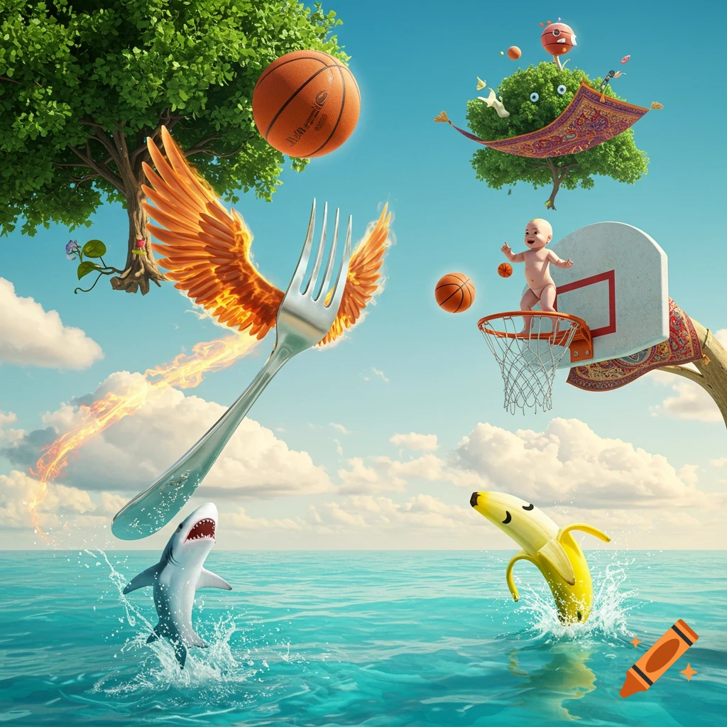 A surreal scene depicting a winged fork on fire dunking a basketball, a baby on a hoop in water, a banana shark jumping, and a flying tree with a smiley face.