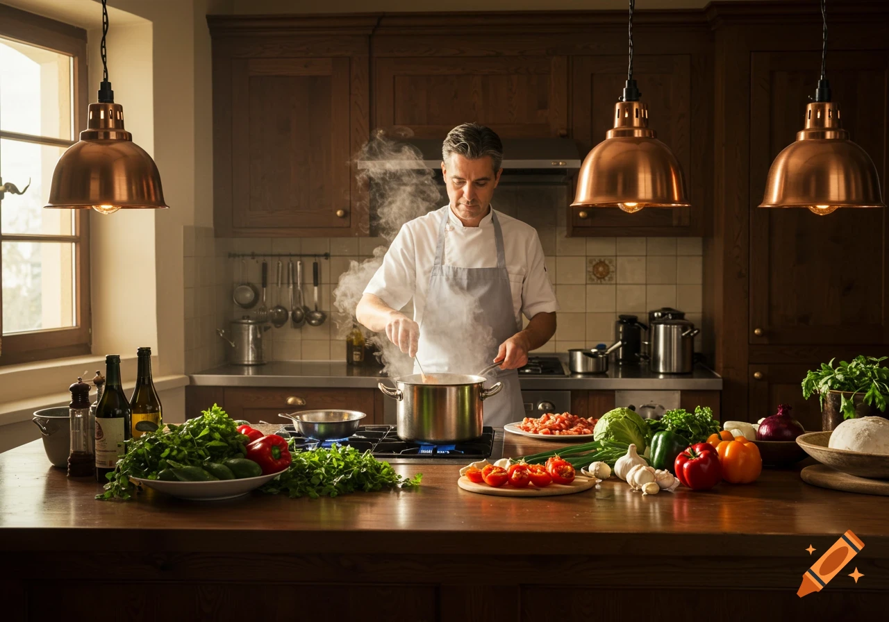 A male chef stirs a pot on a stove in a rustic kitchen, surrounded by fresh vegetables and ingredients.