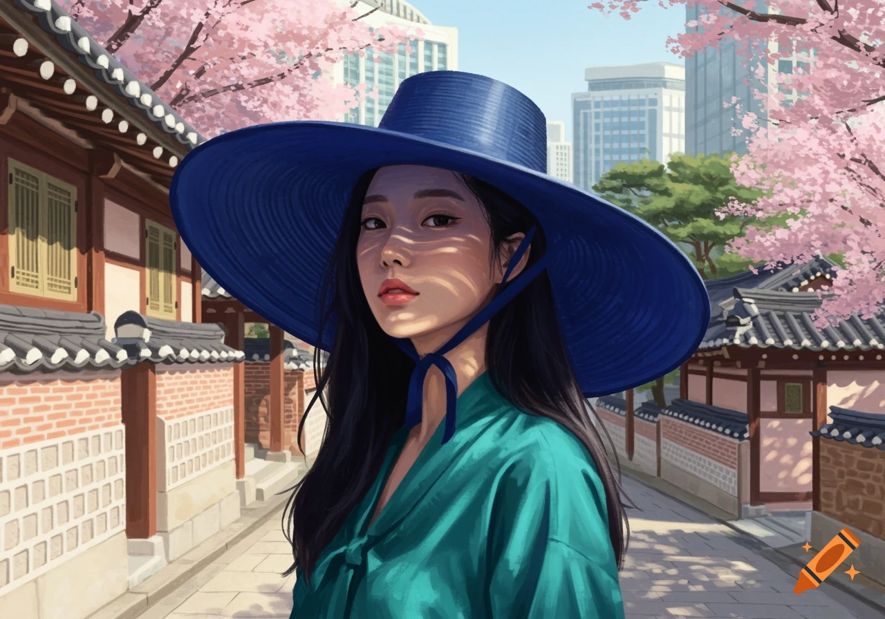 A woman in a blue sun hat and traditional green hanbok stands in a street lined with Hanok buildings and pink cherry blossom trees.