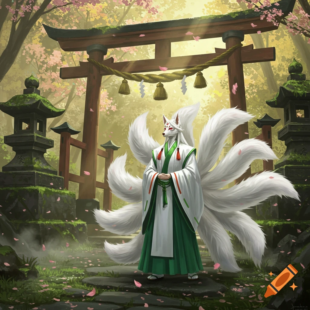 A white kitsune in a green and white robe stands before a red torii gate in a forest with cherry blossoms.
