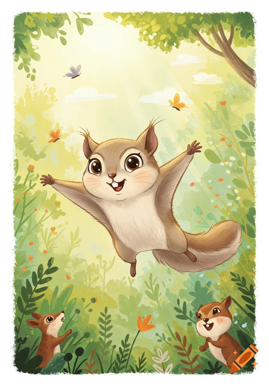 Cute cartoon flying squirrel glides over a sunny forest floor with two small squirrels looking up.