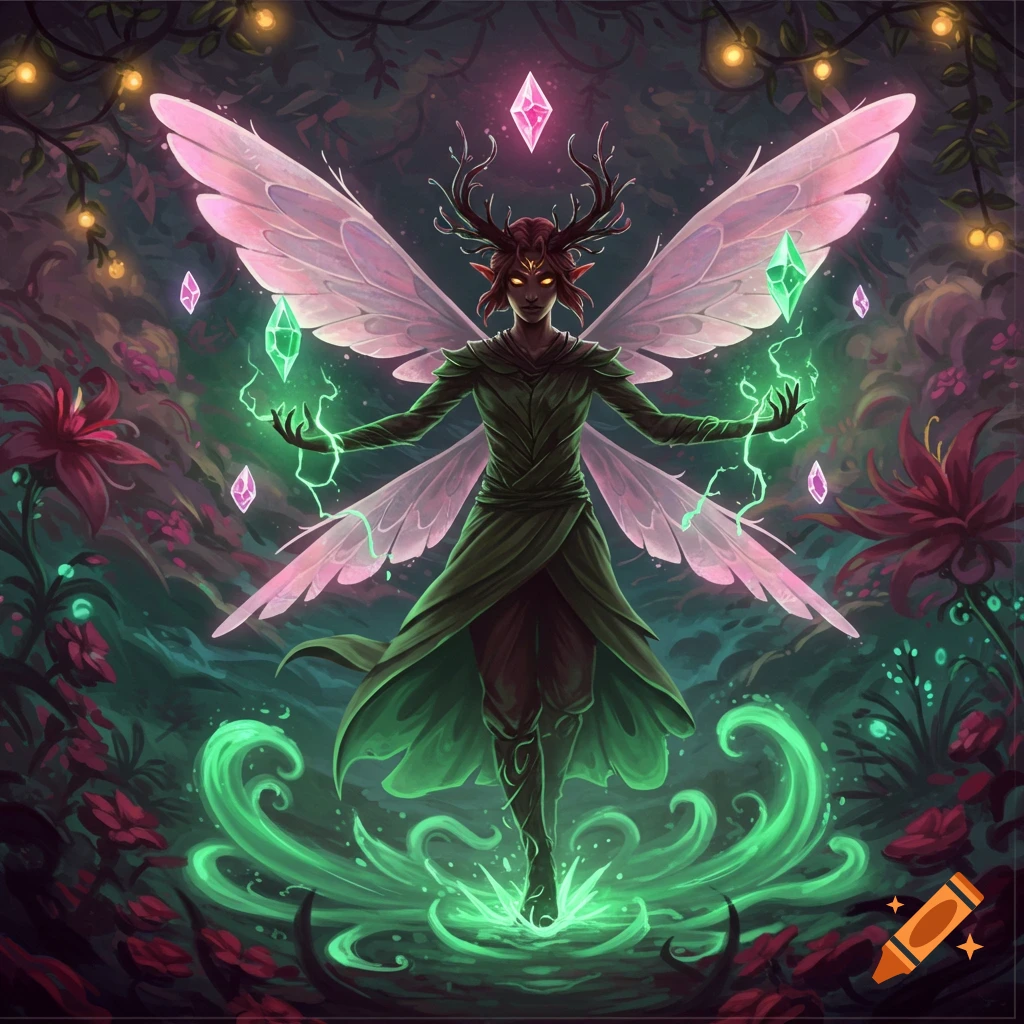 A mystical dark elf-like creature with antlers and pink wings conjures green magic in an enchanted forest.