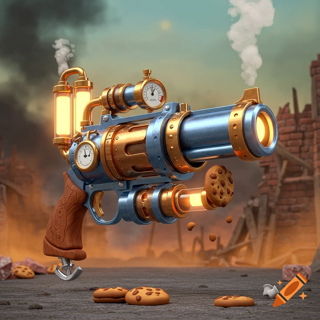 A 3D cartoon steampunk gun shoots chocolate chip cookies amidst a ruined, apocalyptic background.