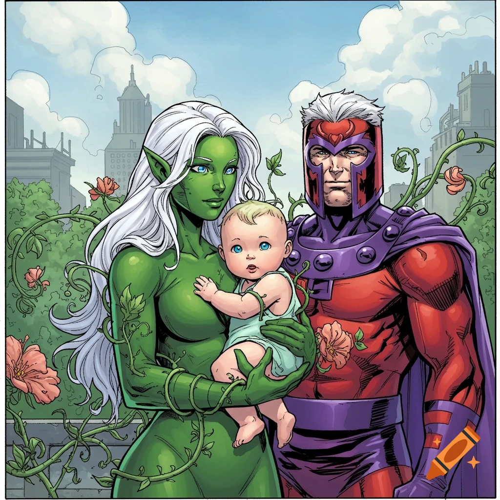 A green-skinned woman with white hair holds a baby with white hair, while Magneto stands beside them, all in a comic book style. Roses and buildings are in the background.