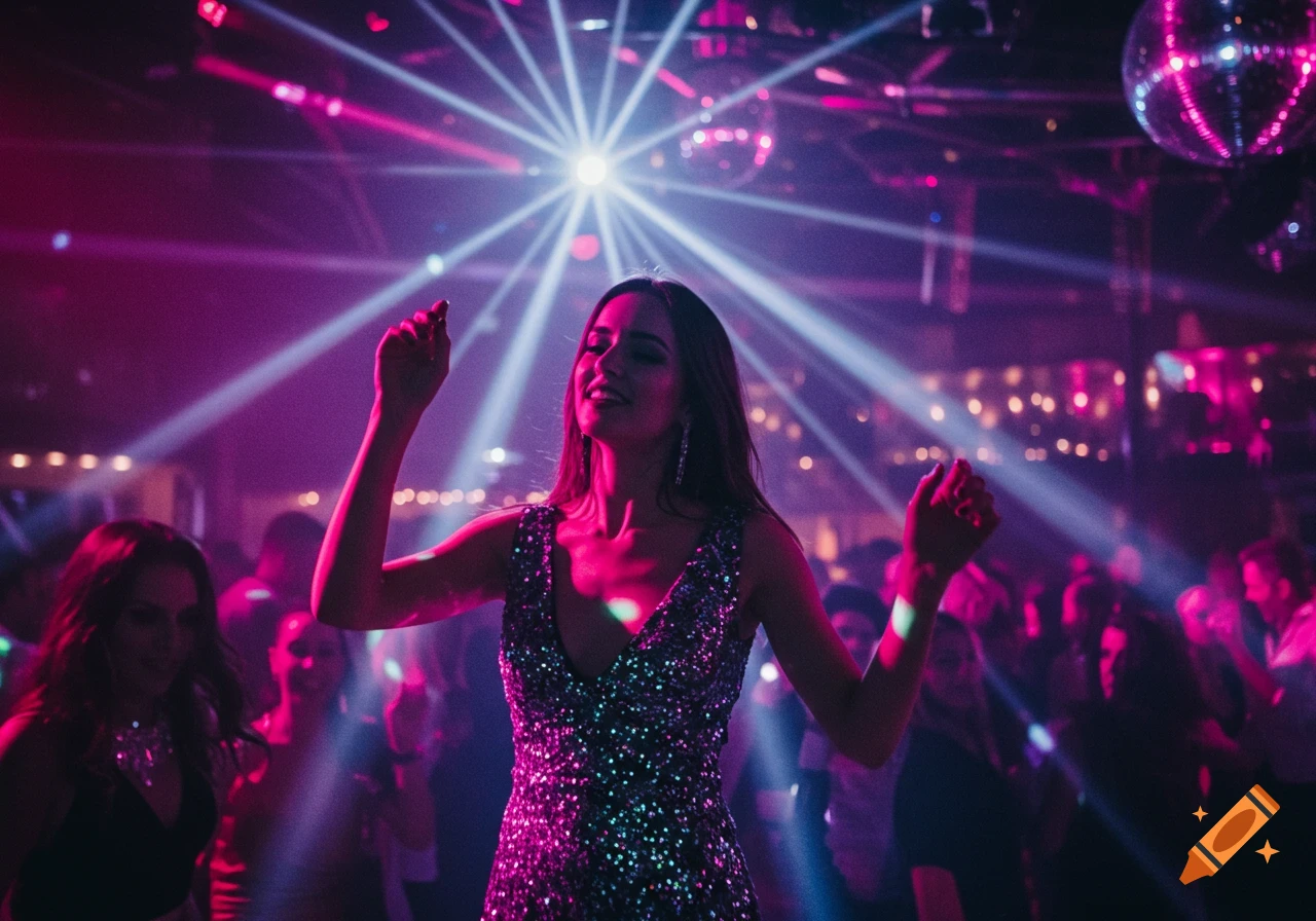 A woman in a sequined dress dances in a vibrant, purple-lit discotheque with light beams and a disco ball overhead.