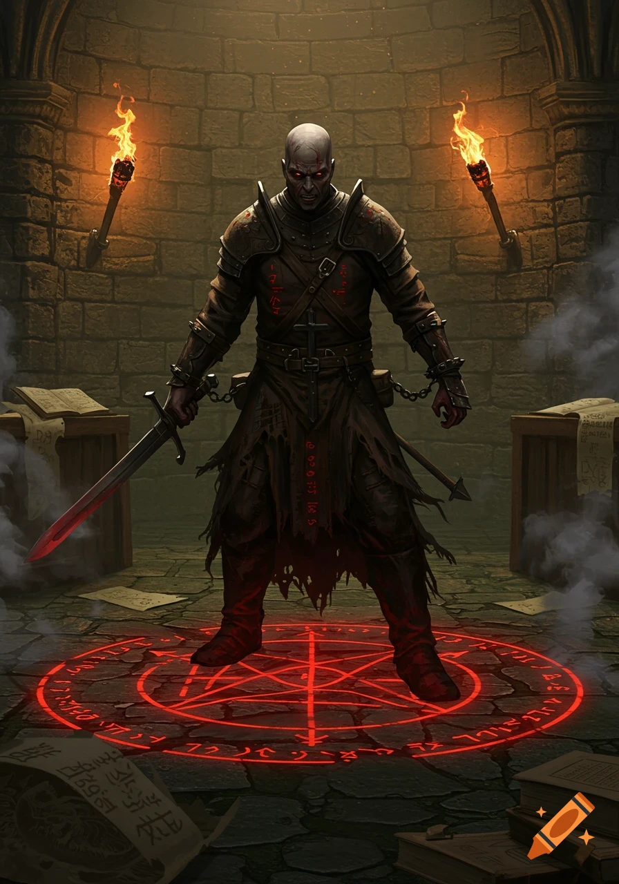A menacing bald figure in dark armor with glowing red eyes stands on a glowing red magic circle in a torch-lit stone dungeon, holding a sword.