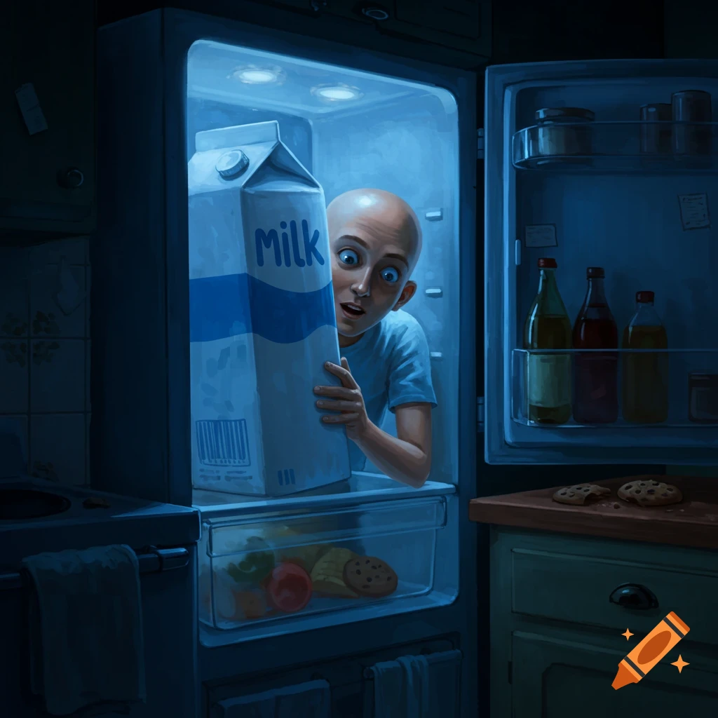 A bald person with wide eyes peers from behind a gigantic milk carton inside a brightly lit refrigerator.