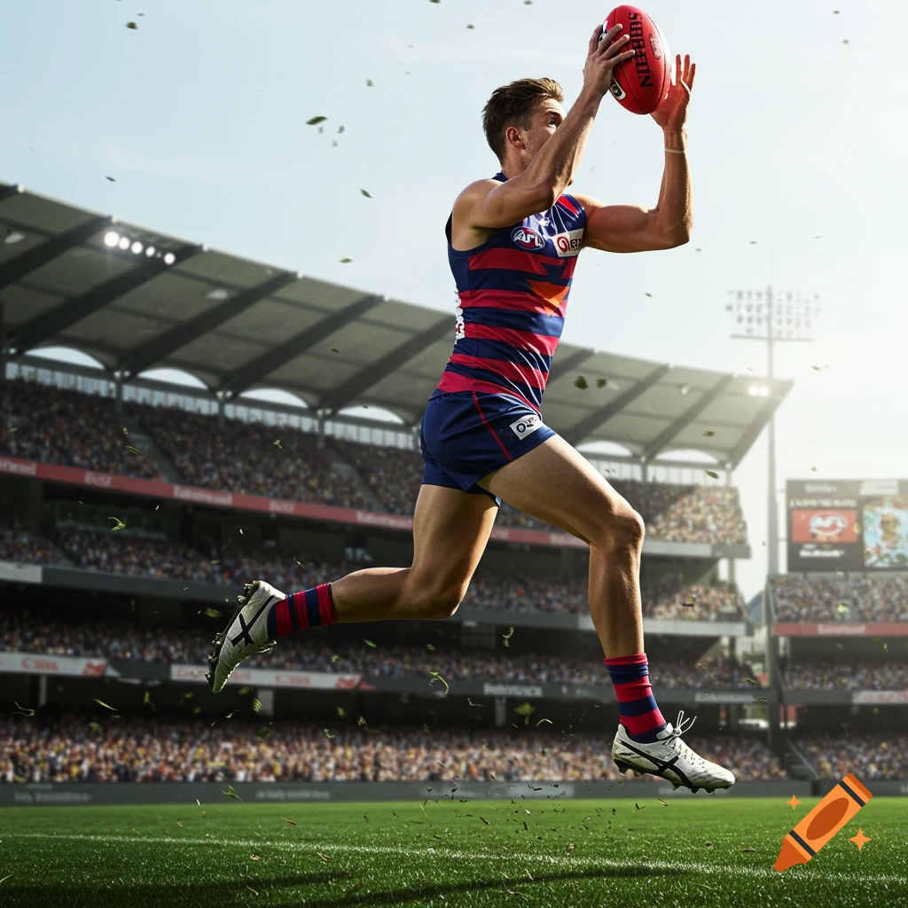 A photorealistic image of an AFL player in a blue and red striped jersey catching a football mid-air on a sunny day in a stadium.