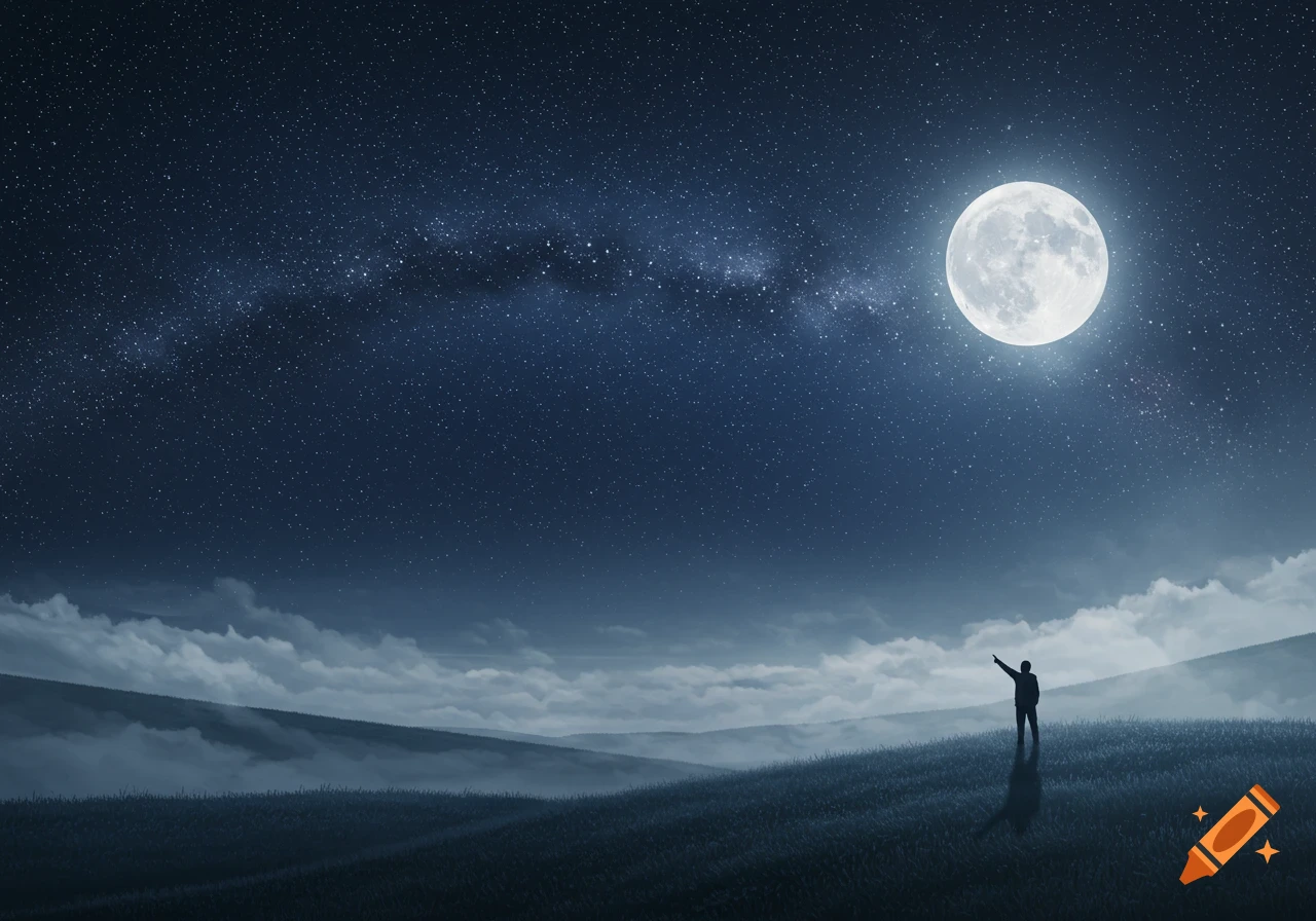 A lone figure stands on a grassy hill, silhouetted against a vast, starry night sky with a large, bright full moon.
