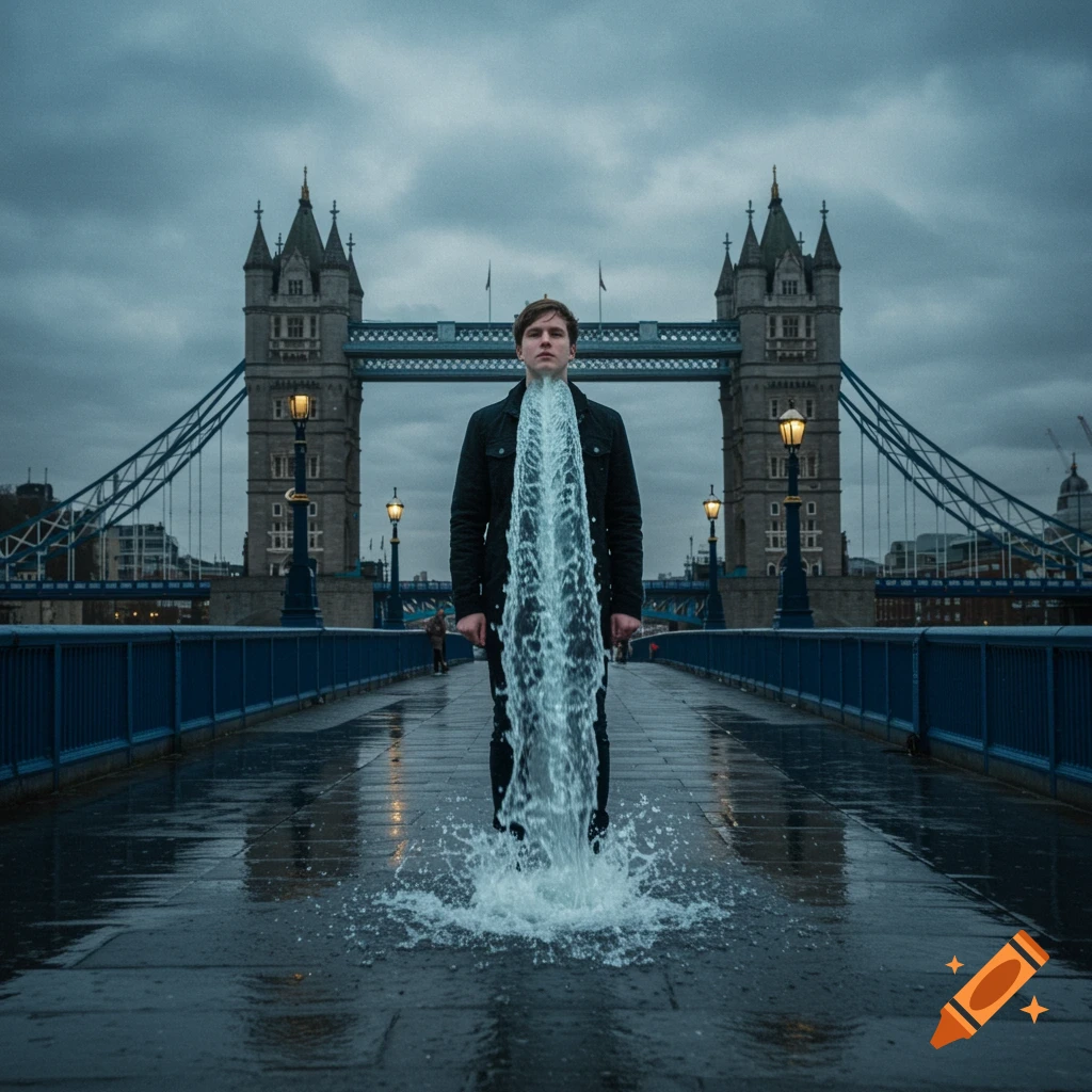 A person with water erupting from their chest stands on a wet London Bridge under an overcast sky.