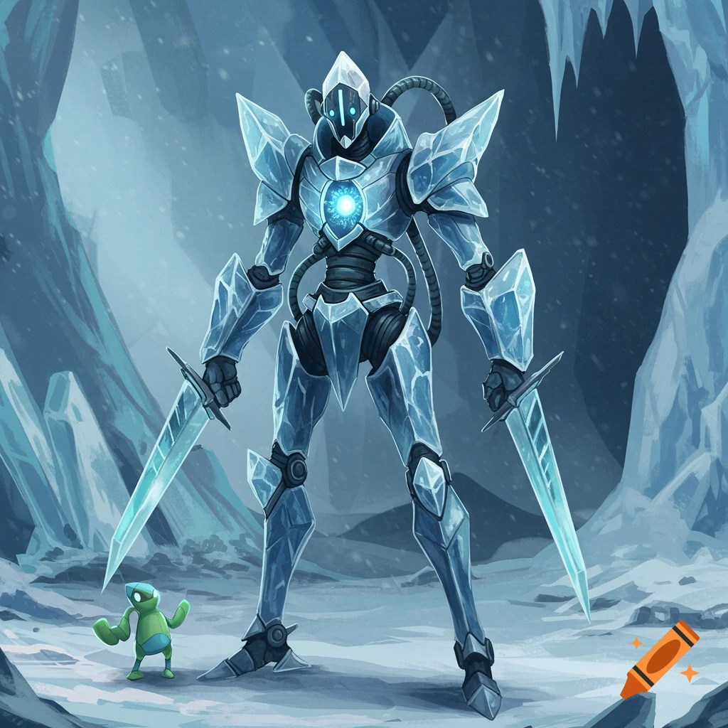 A large ice-armored robot with two glowing swords stands in an icy cave next to a small green creature.
