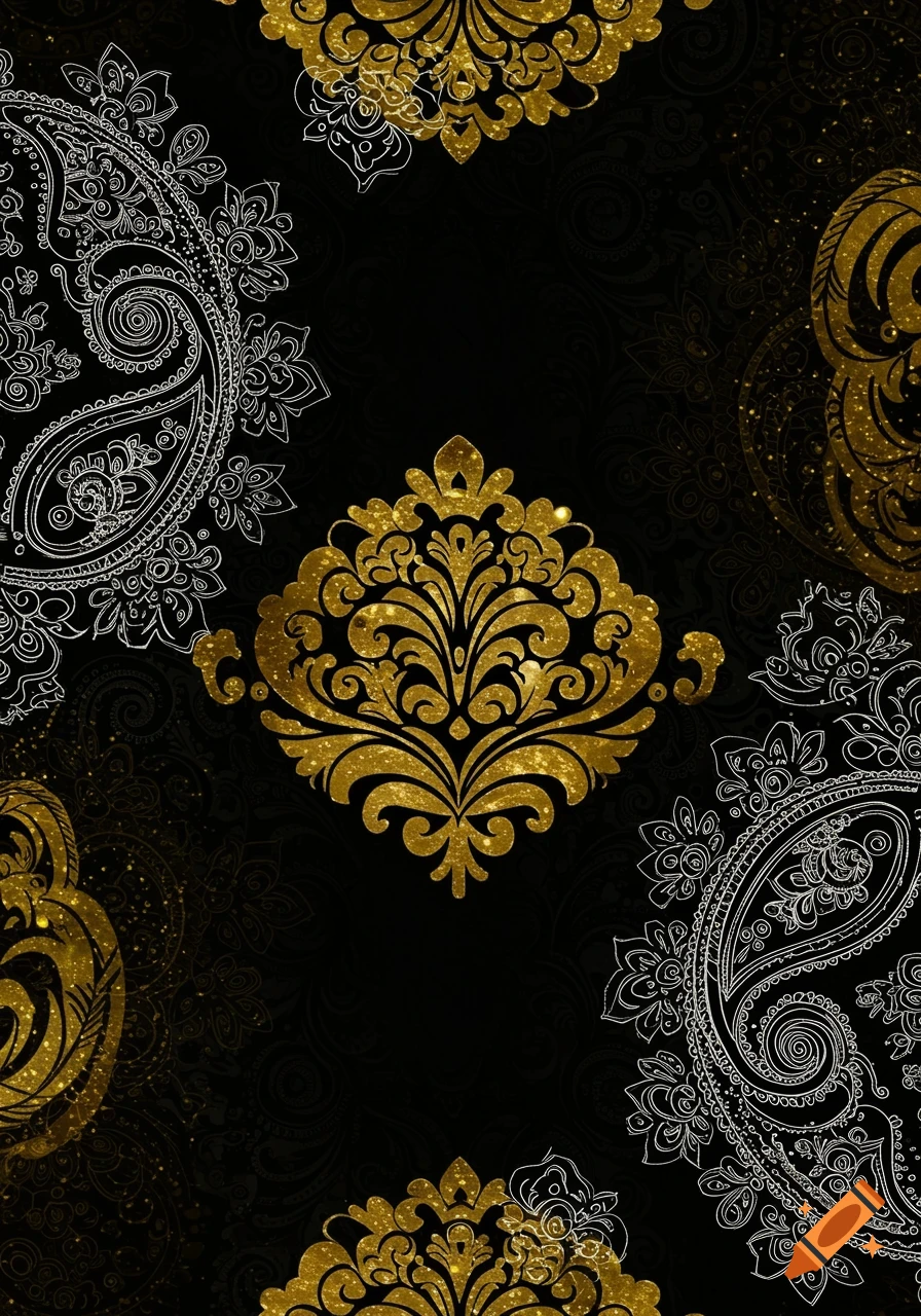 Black background with a central golden damask ornament, surrounded by white paisley and subtle golden mandala patterns.