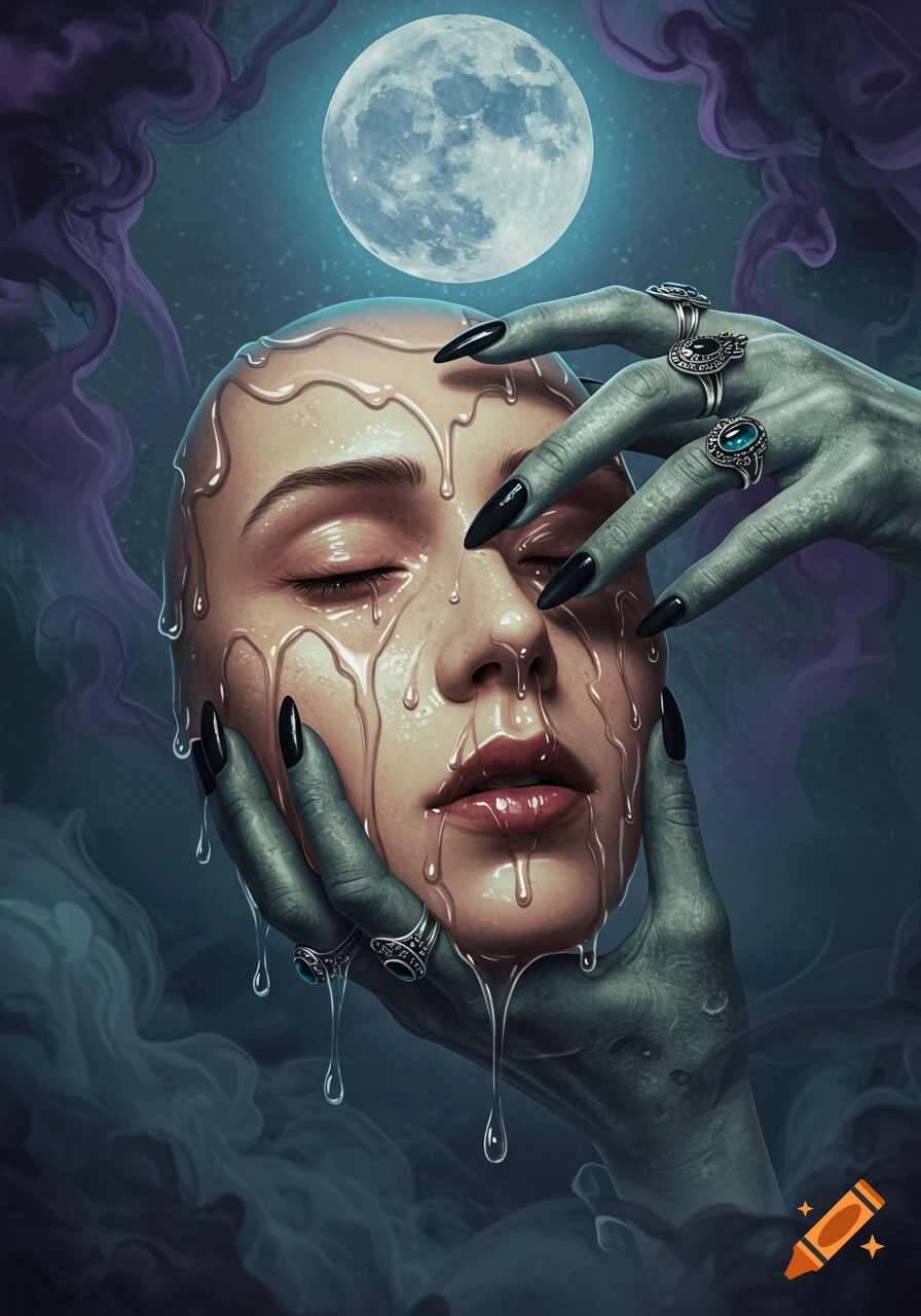 A melting human face with closed eyes, held by witch hands with long black nails and rings, under a full moon in a smoky, dark blue setting.