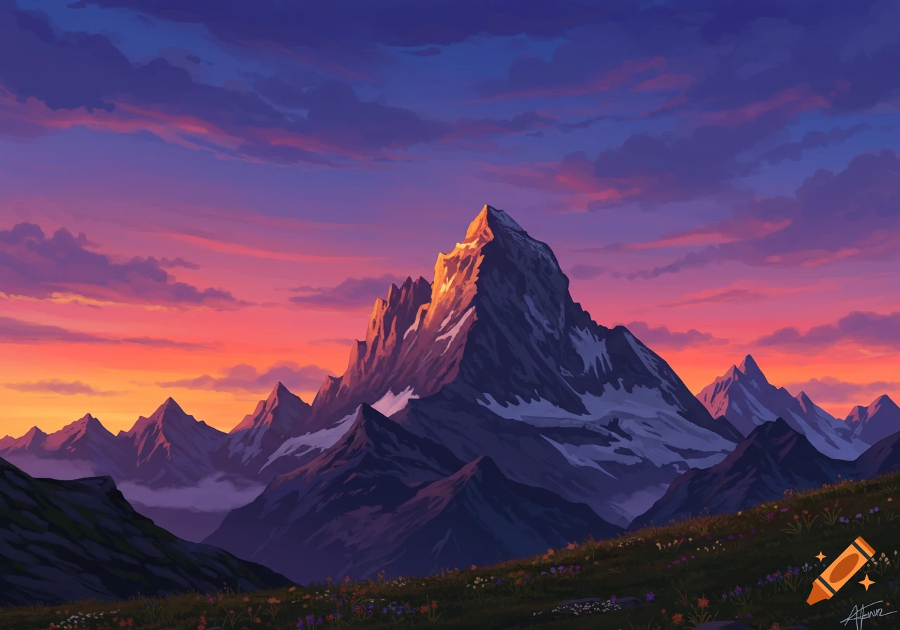A colorful illustration of majestic mountains at sunset, with purple and orange clouds filling the sky.
