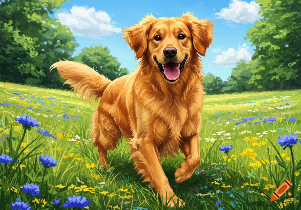 A happy golden retriever running through a vibrant green field with colorful wildflowers under a blue sky.