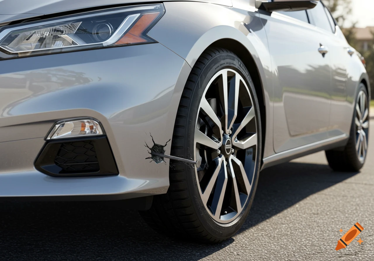 A close-up, photorealistic shot of a silver Nissan Altima with a large nail piercing its front fender near the tire, causing a visible crack.
