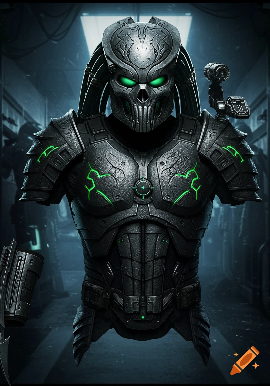 A dark, futuristic armored bust with glowing green eyes and accents, resembling a fusion of Punisher and Predator.