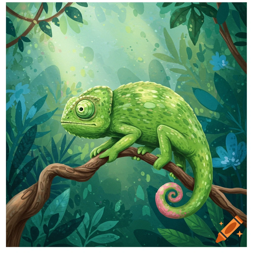 A vibrant green chameleon with a pink coiled tail perches on a brown branch in a lush, green jungle with light rays shining through the foliage. Illustrated in a cute, cartoon style.