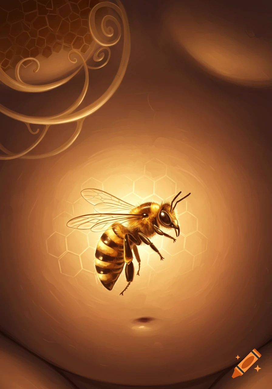 A stylized illustration of a bee hovering above a human navel, surrounded by glowing honeycomb patterns and golden swirls.