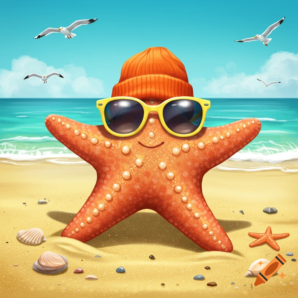 A cartoon starfish wearing yellow sunglasses and an orange beanie on a sandy beach with seagulls flying overhead.