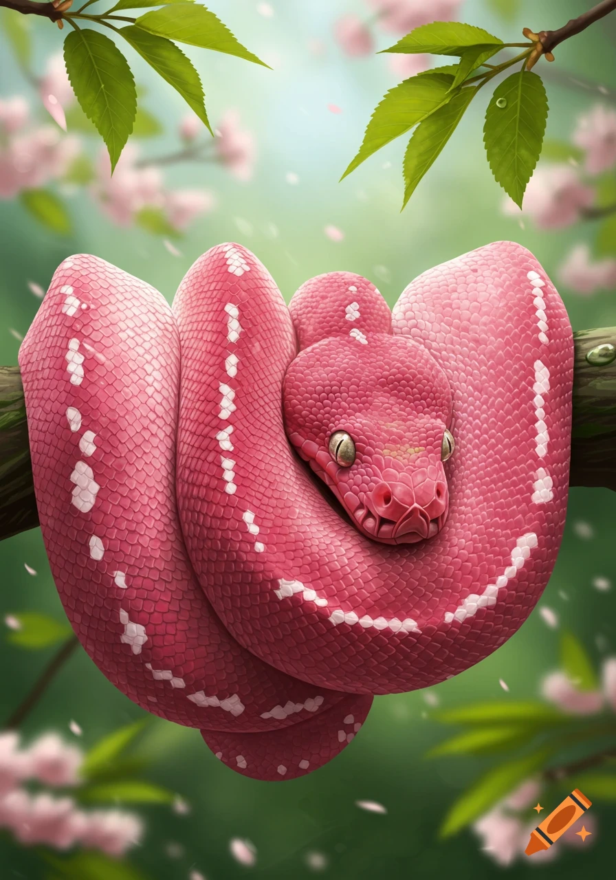 A vibrant pink snake with white markings coiled around a brown tree branch, surrounded by green leaves and soft pink blossoms.