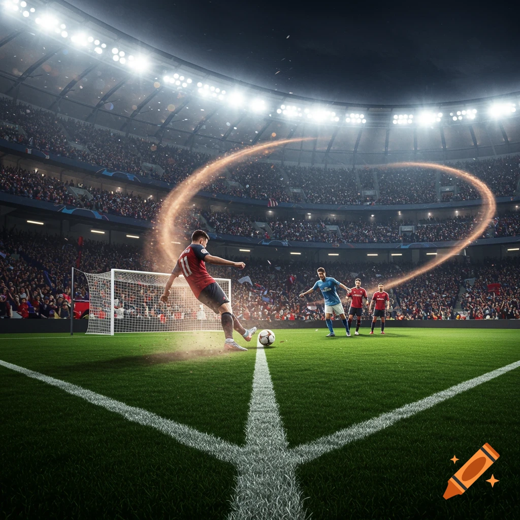 A soccer player takes a penalty kick in a brightly lit, crowded stadium, with a glowing trail effect, in a photorealistic style.